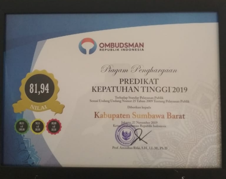 Ombudsman RI Anugerahi KSB dengan Predikat Kepatuhan Tinggi