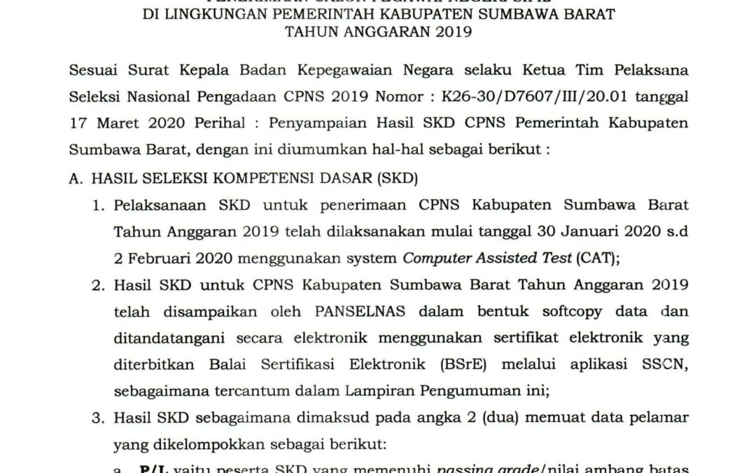 Pengumuman Hasil SKD Penerimaan CPNS Pemerintah KSB Tahun 2019